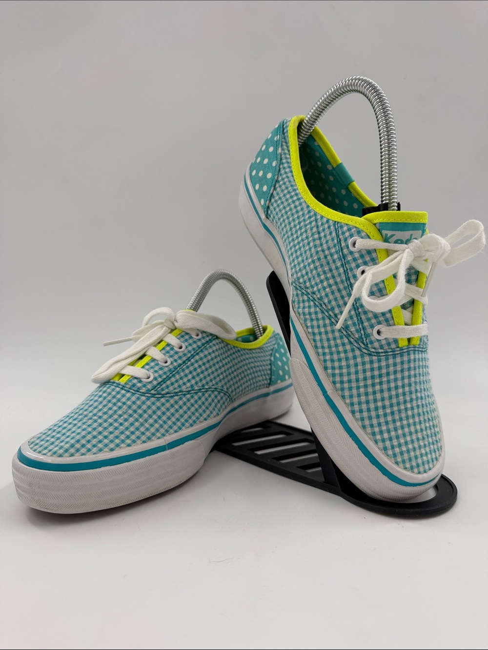Keds Double Dutch Teal Polka Dot & Gingham Sneakers Neon Lime Trim Women's 6.5 - Picture 3 of 16